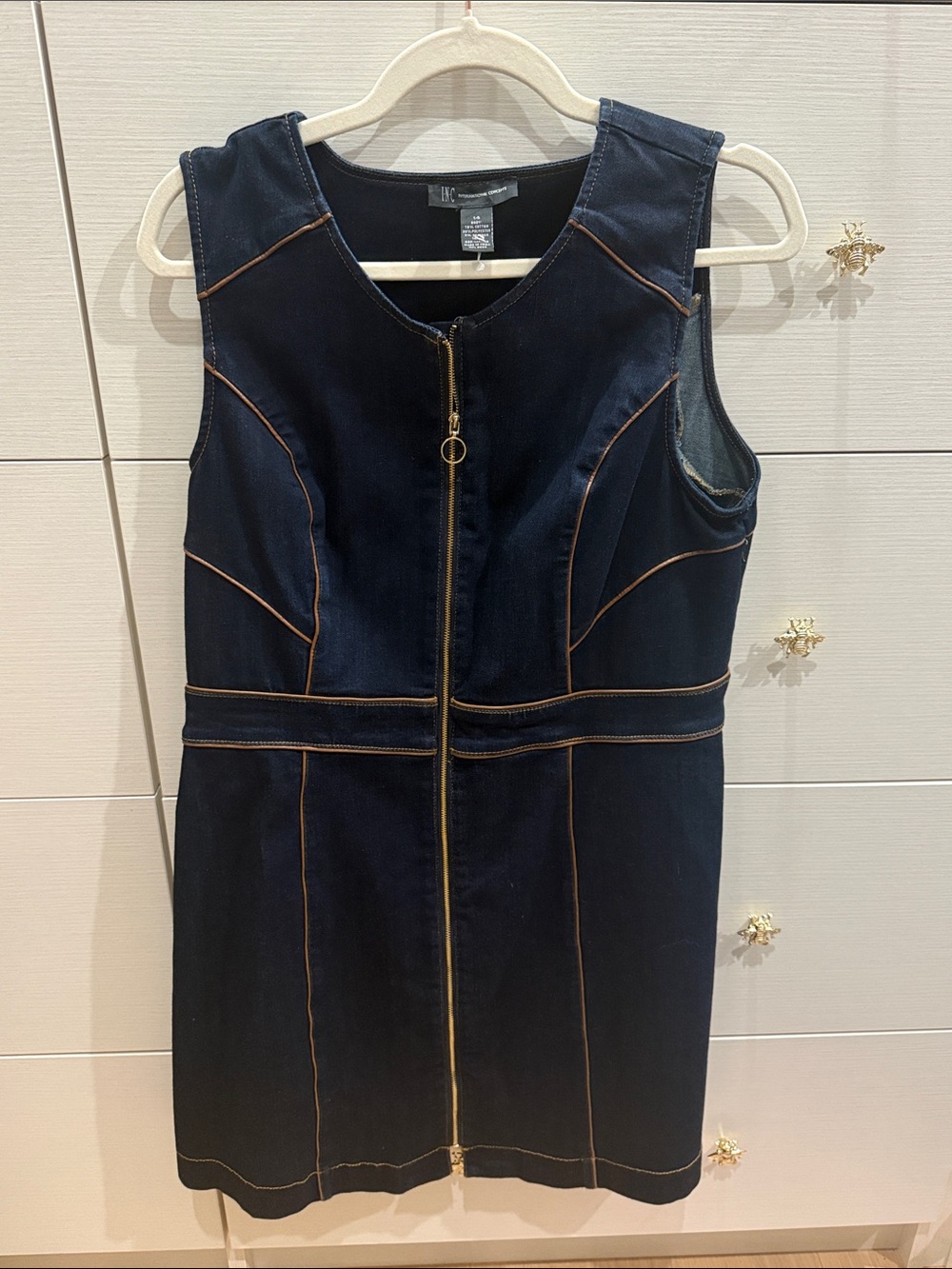 INC International Concepts Navy Mini Dress with Contrast Tan Stitching